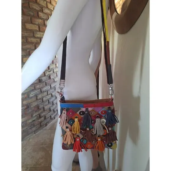 Leather Multicolored Fringe Crossbody 9"x9" NWOT - Picture 4 of 11